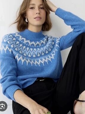 J. Crew Merino Wool Alpaca Blend Blue Fair Isle Mock Neck Sweater Sz L Warm Cozy